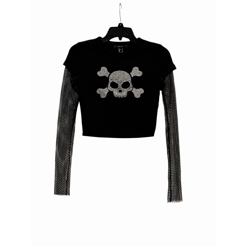 Forever 21 Black Cropped Crytal Skull Graphic Top SZ Small Fishnet Sleeves Y2K